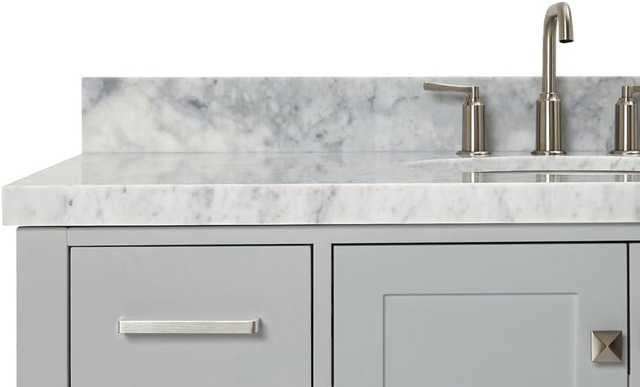 ARIEL Cambridge 48-inch Bathroom Vanity with Sink,Solid Wood, 1.5-inch Italian Carrara Marble Countertop & Backsplash, Single Oval Porcelain Sink, 2 Soft Closing Doors, 9 Dovetail Drawers, Grey