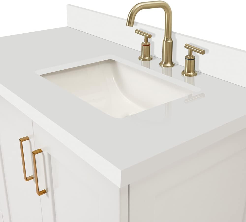 ARIEL Taylor 42-inch Bathroom Vanity with Sink,Solid Wood, 1.5-inch Pure White Quartz Countertop, Single Rectangular Porcelain Sink, Soft Closing Doors, Dovetail Drawers, White
