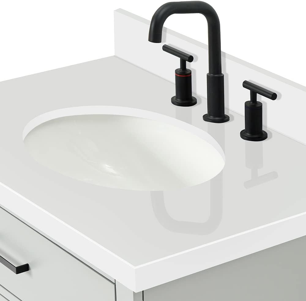 ARIEL Hepburn 30-inch Bathroom Vanity with Sink,Solid Wood, 1.5-inch Pure White Quartz Countertop & Backsplash, Single Oval Porcelain Sink, 2 Soft Closing Doors, 1 Dovetail Drawers, Grey