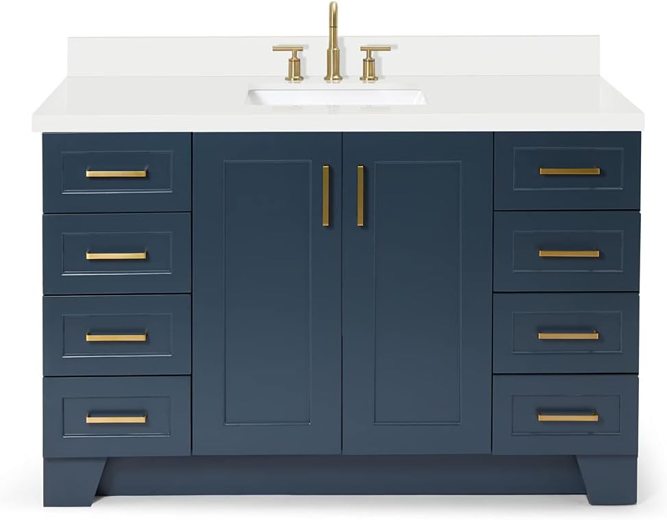 ARIEL Taylor 54-inch Bathroom Vanity with Sink,Solid Wood, 1.5-inch Pure White Quartz Countertop, Single Rectangular Porcelain Sink, 2 Soft Closing Doors, 9 Dovetail Drawers, Midnight Blue