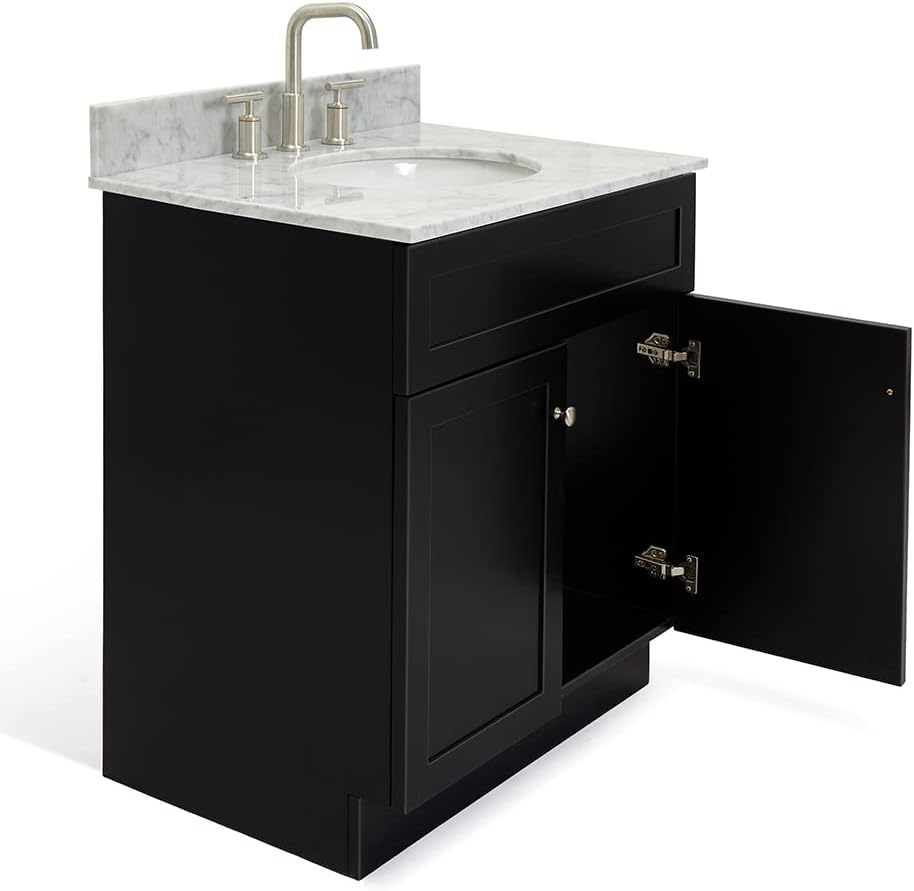 ARIEL Hamlet 30-inch Bathroom Vanity with Sink,Solid Wood, 0.75-inch Italian Carrara Marble Countertop, Single Oval Porcelain Sink, Soft Closing Doors, Black