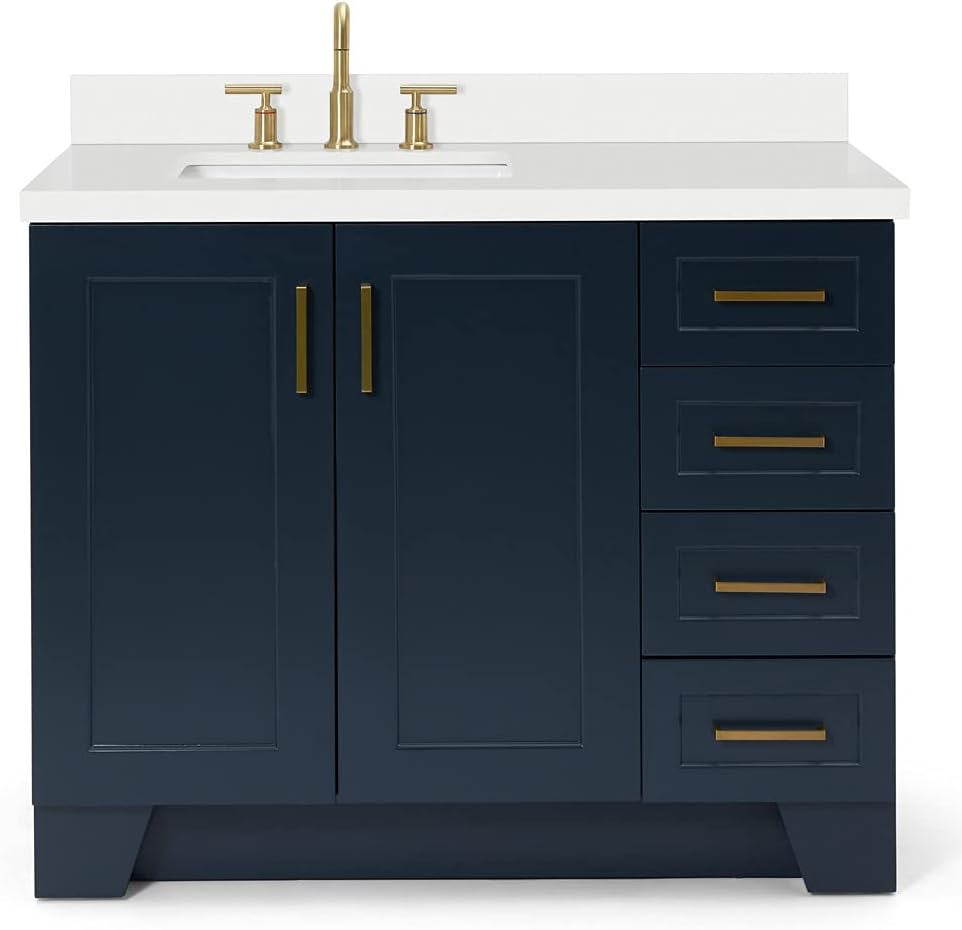 ARIEL Taylor 42 Inch Blue Bathroom Vanity with Sink, Solid Wood Bathroom Vanity Base Cabinet, Carrara White Quartz Countertop 1.5-Inch Edge, Right Rectangular Sink, 2 Soft Closing Doors, 5 Drawers