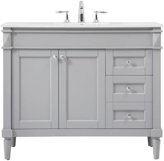 Pemberly Row 42' Aluminum MDF Bathroom Vanity, Gray Finish, Quartz Countertop in Ivory White, Rectangular Sink, Soft Close Hinges and Glides, 2-Door Cabinet, Modern Transitional Style for Bathroom Use