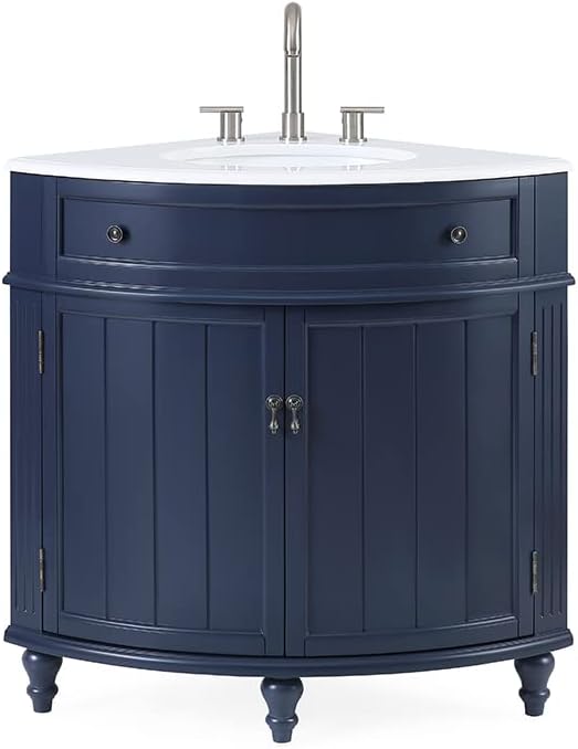 24 inch Triadsville Small Corner Bathroom Vanity with Sink and White Quartz top (Navy Blue)