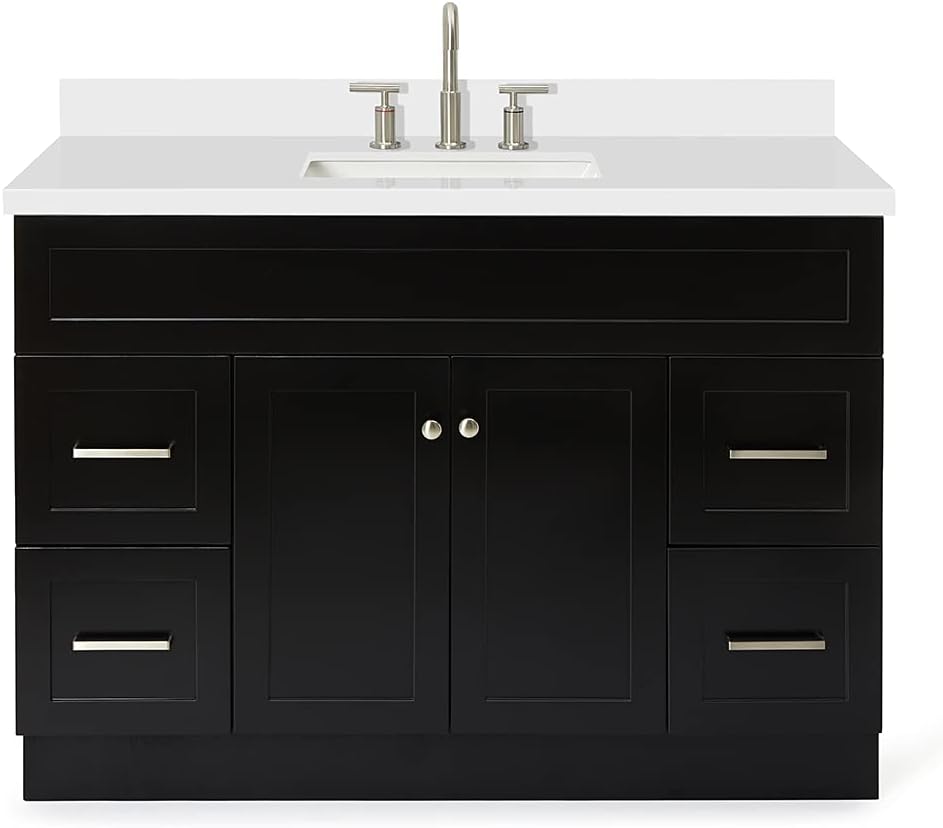 ARIEL Hamlet 48-inch Bathroom Vanity with Sink,Solid Wood, 1.5-inch Pure White Quartz Countertop & Backsplash, Single Rectangular Porcelain Sink, 2 Soft Closing Doors, 4 Dovetail Drawers, Black