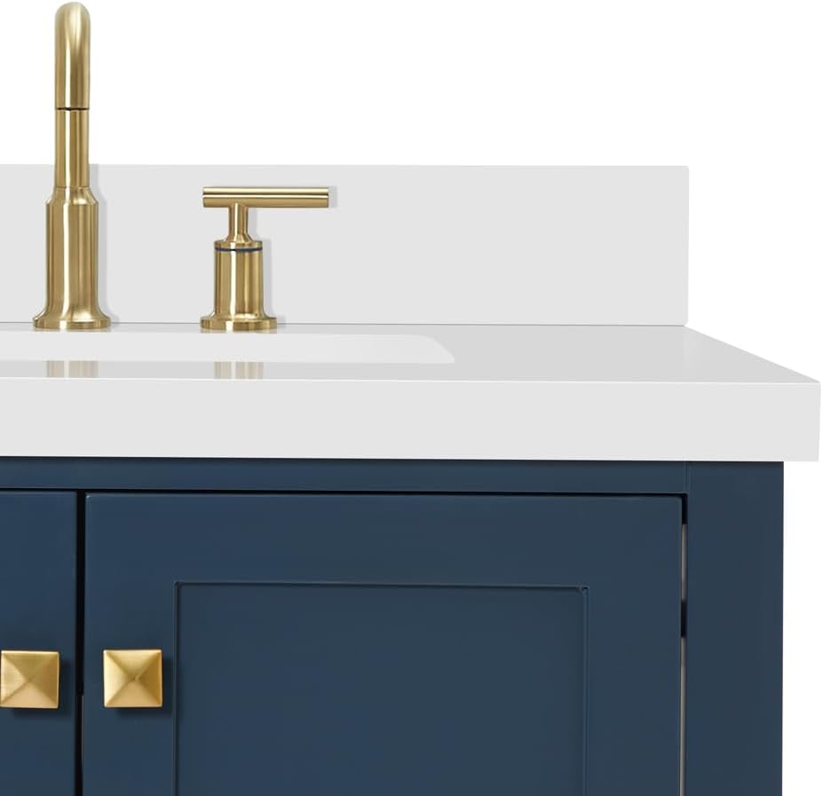 ARIEL Cambridge 42-inch Bathroom Vanity with Sink,Solid Wood, 1.5-inch Pure White Quartz Countertop, Single Rectangular Porcelain Sink, 2 Soft Closing Doors, 5 Dovetail Drawers, Midnight Blue