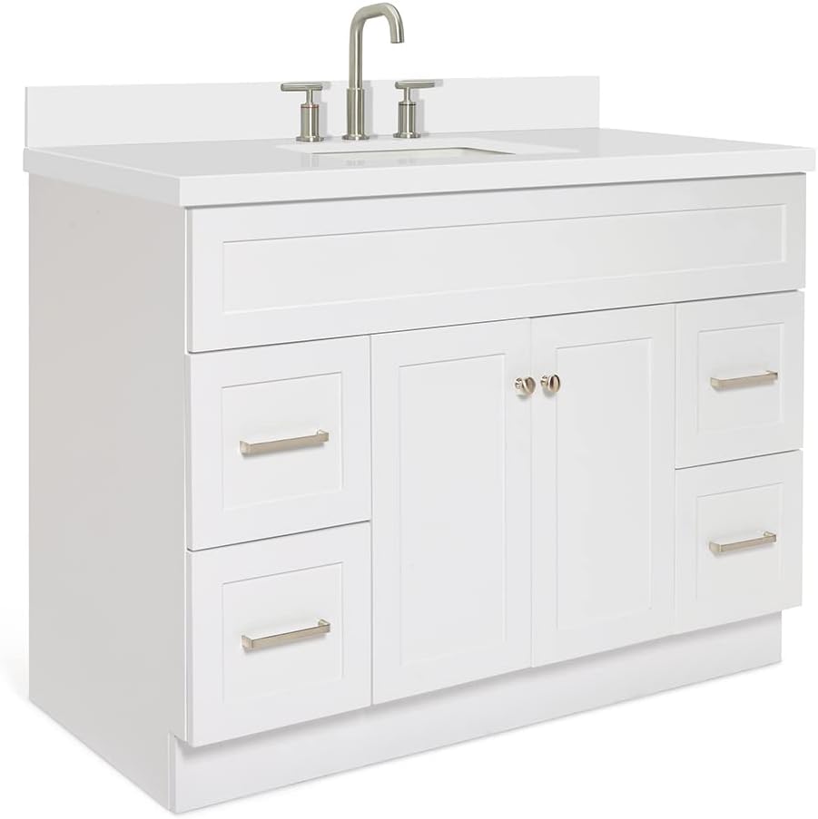ARIEL Hamlet 48-inch Bathroom Vanity with Sink,Solid Wood, 1.5-inch Pure White Quartz Countertop & Backsplash, Single Rectangular Porcelain Sink, 2 Soft Closing Doors, 4 Dovetail Drawers, White