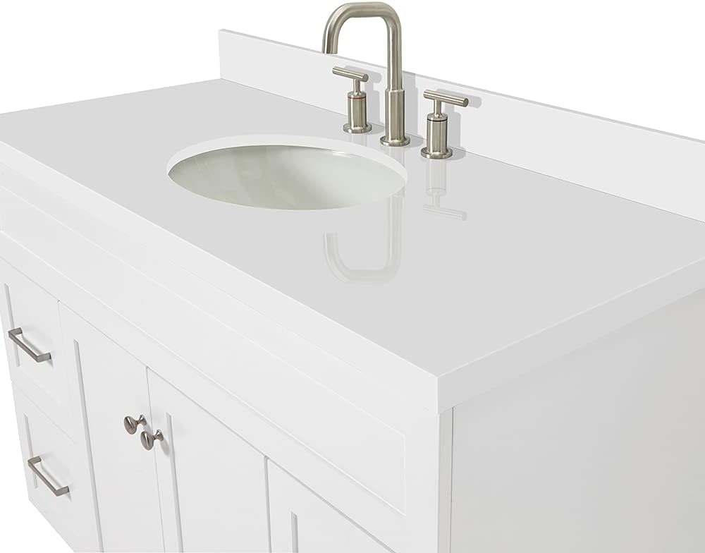 ARIEL Hamlet 48-inch Bathroom Vanity with Sink,Solid Wood, 1.5-inch Pure White Quartz Countertop & Backsplash, Single Rectangular Porcelain Sink, 2 Soft Closing Doors, 4 Dovetail Drawers, White