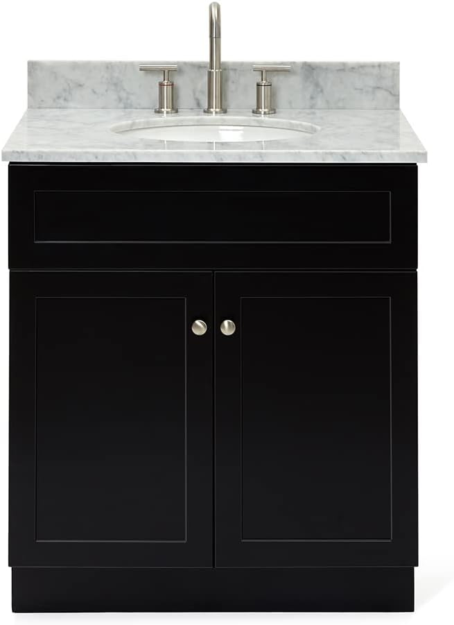 ARIEL Hamlet 30-inch Bathroom Vanity with Sink,Solid Wood, 0.75-inch Italian Carrara Marble Countertop, Single Oval Porcelain Sink, Soft Closing Doors, Black