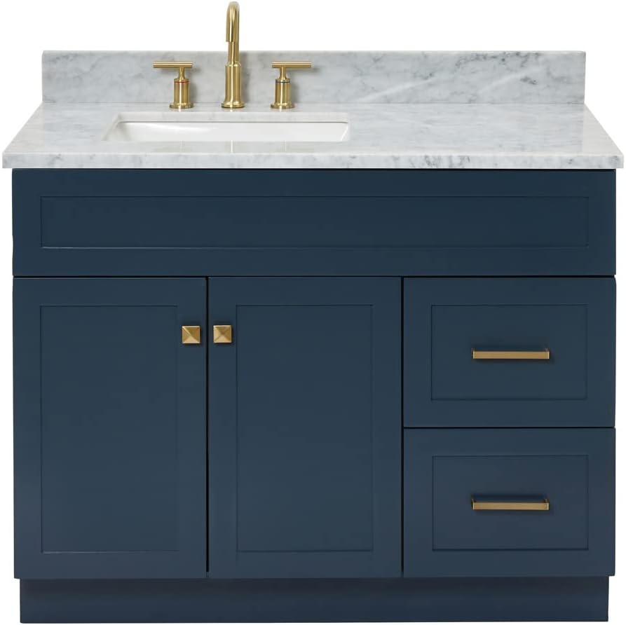 ARIEL Hamlet 43 in. Left Offset Rectangle Sink Vanity with 0.75 in. Carrara White Countertop in Midnight Blue