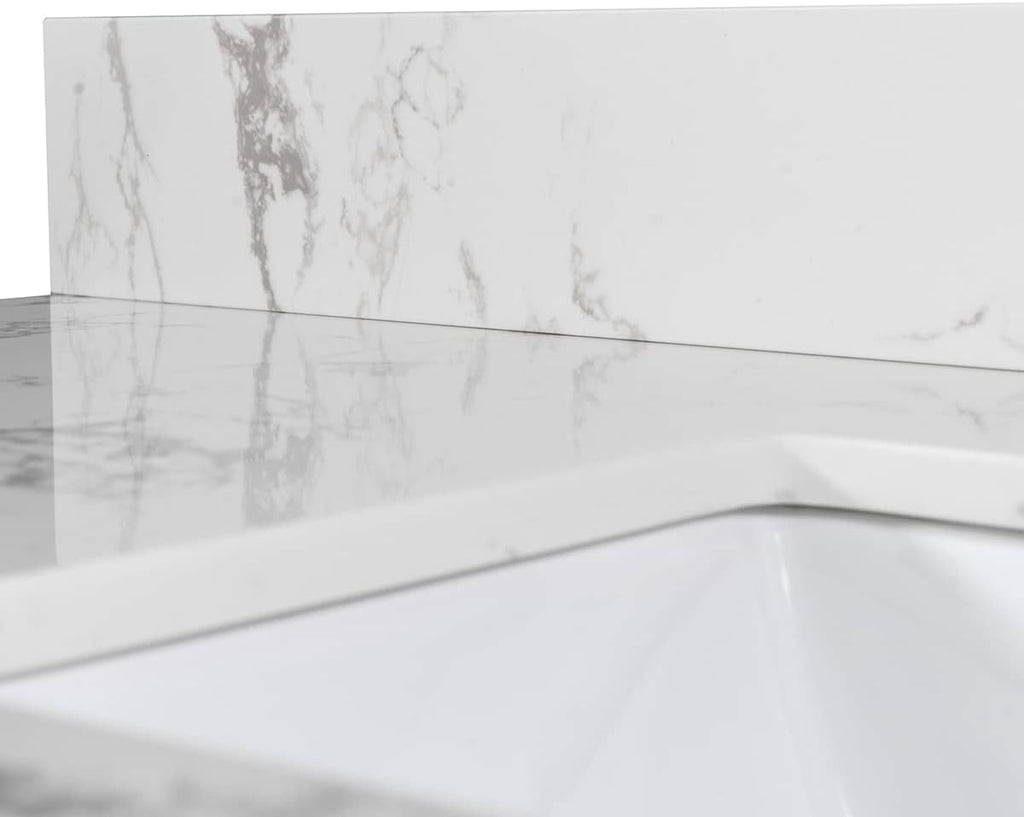 43 Inch Marble Vanity Top with Sink, Engineered Stone Vanity Sink Top with Undermount Ceramic Sink & Backsplash, Single Hole Countertops for Bathroom (Carrara White)
