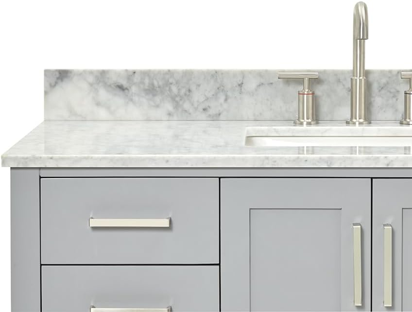 ARIEL Magnolia 48-inch Bathroom Vanity with Sink,Solid Wood, 0.75-inch Italian Carrara Marble Countertop, Single Rectangular Porcelain Sink, 2 Soft Closing Doors, 6 Dovetail Drawers, Grey