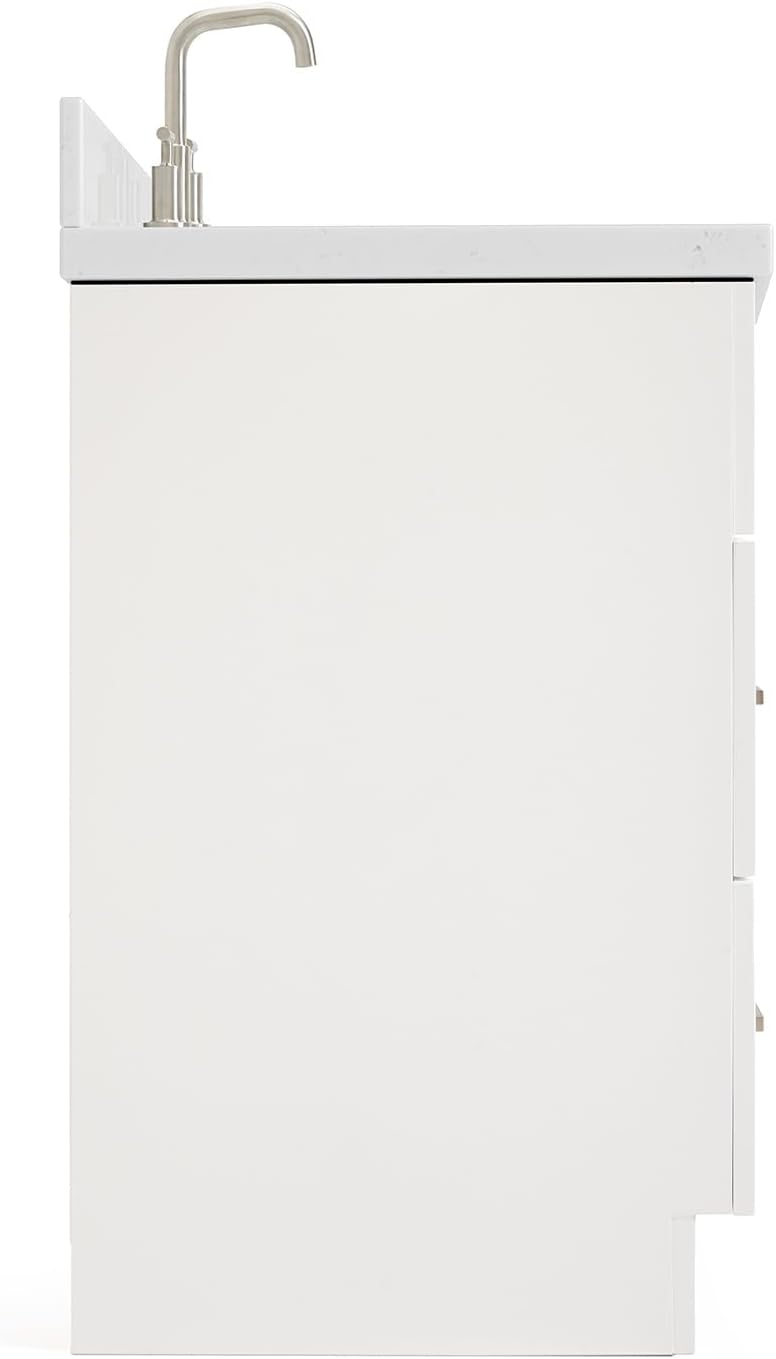 ARIEL Hamlet 60-inch Bathroom Vanity with Sink,Solid Wood, 1.5-inch Carrara White Quartz Countertop & Backsplash, Single Oval Porcelain Sink, 2 Soft Closing Doors, 4 Dovetail Drawers, White
