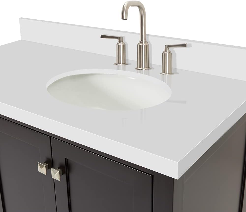 DKB Beckford 42-Inch Espresso Bathroom Vanity with Right Oval Sink, 1.5-Inch Pure White Quartz Countertop & Backsplash, 2 Soft Closing Doors, 5 Dovetail Drawers, Satin Brass Hardware