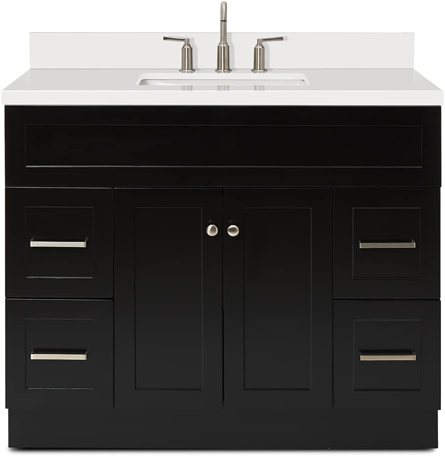 ARIEL 36' Grey Single Bathroom Vanity with Sink, 1.5' Pure White Quartz Countertop, Rectangular Undermount Sink, 2 Soft-Closing Doors, 2 Dovetail Drawers, Built-in Toe Kick