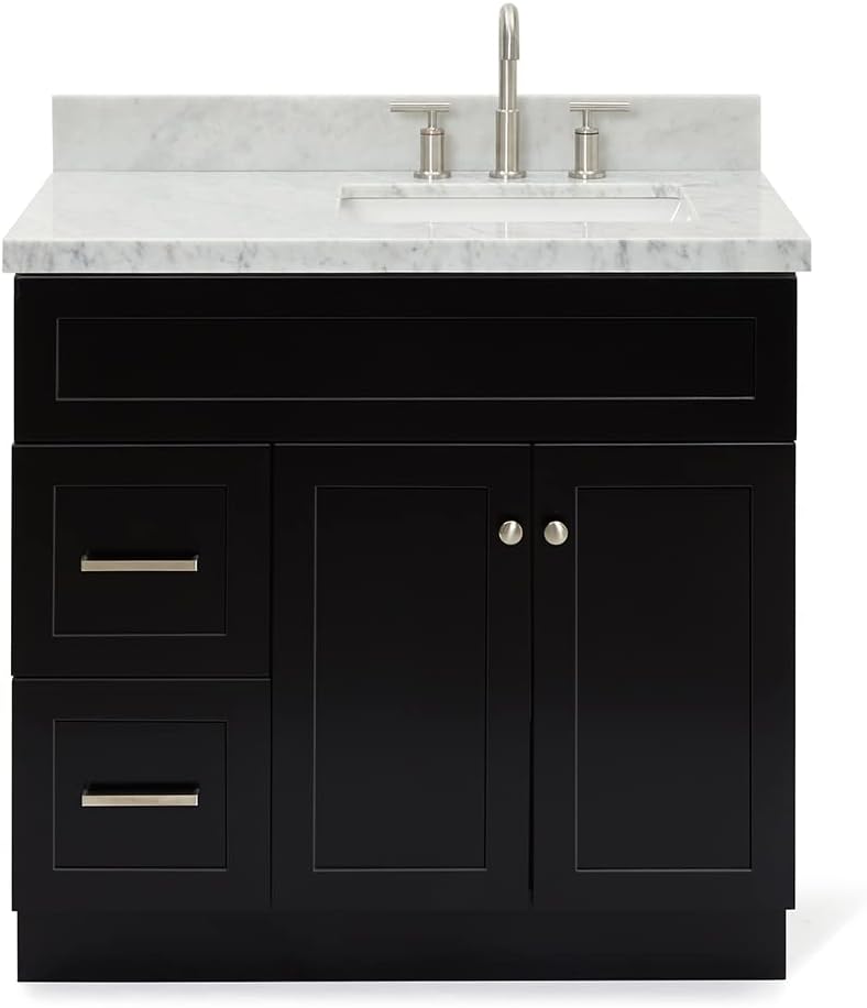 ARIEL Hamlet 36-inch Bathroom Vanity with Sink,Solid Wood, 1.5-inch Italian Carrara Marble Countertop, Single Rectangular Porcelain Sink, 2 Soft Closing Doors, 2 Dovetail Drawers, Black