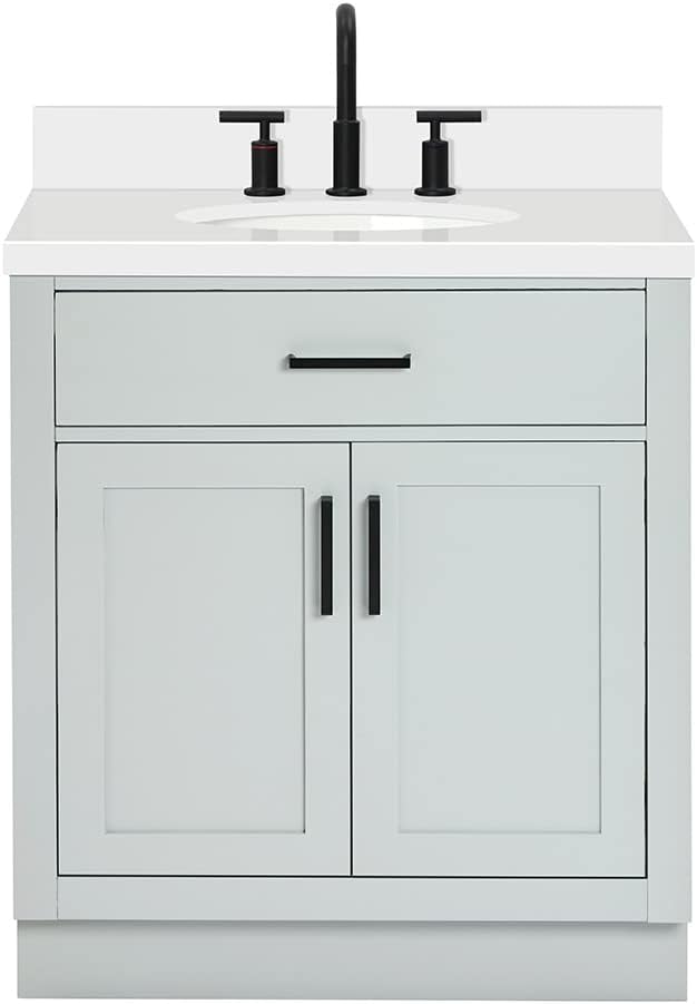 ARIEL Hepburn 30-inch Bathroom Vanity with Sink,Solid Wood, 1.5-inch Pure White Quartz Countertop & Backsplash, Single Oval Porcelain Sink, 2 Soft Closing Doors, 1 Dovetail Drawers, Grey