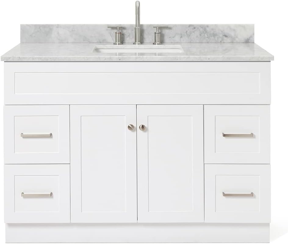 ARIEL Hamlet 48-inch Bathroom Vanity with Sink,Solid Wood, 0.75-inch Italian Carrara Marble Countertop, Single Rectangular Porcelain Sink, Soft Closing Doors, Dovetail Drawers, White