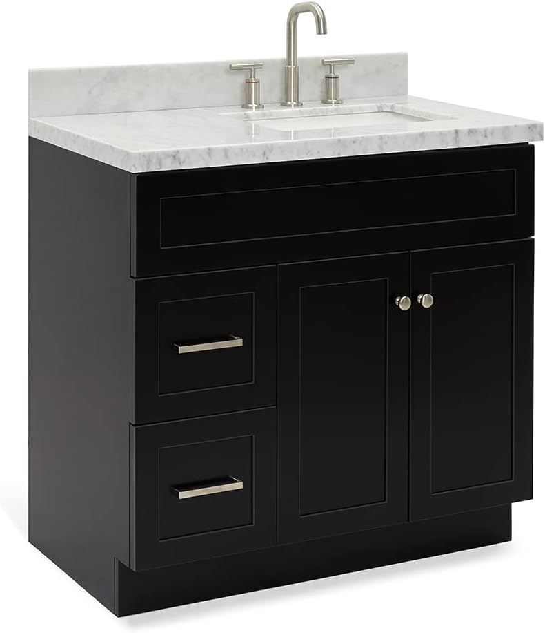 ARIEL Hamlet 36-inch Bathroom Vanity with Sink,Solid Wood, 1.5-inch Italian Carrara Marble Countertop, Single Rectangular Porcelain Sink, 2 Soft Closing Doors, 2 Dovetail Drawers, Black