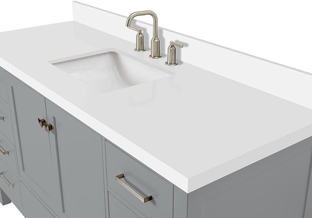ARIEL Cambridge 60-inch Bathroom Vanity with Sink,Solid Wood, 1.5-inch Pure White Quartz Countertop & Backsplash, Single Rectangular Porcelain Sink, 2 Soft Closing Doors, 9 Dovetail Drawers, Grey