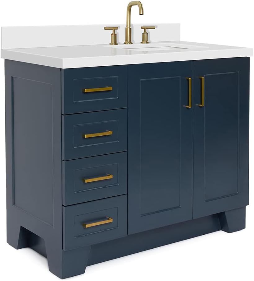 ARIEL Taylor 42-inch Bathroom Vanity with Sink,Solid Wood, 1.5-inch Pure White Quartz Countertop, Single Rectangular Porcelain Sink, 2 Soft Closing Doors, 5 Dovetail Drawers, Midnight Blue