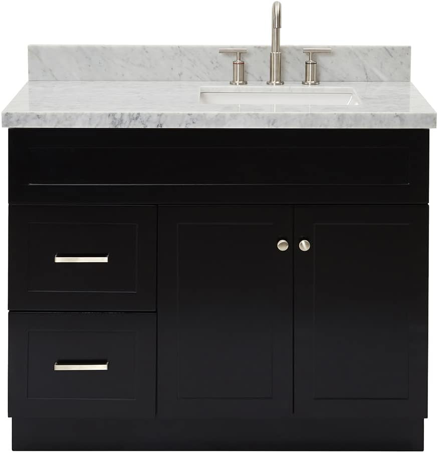 ARIEL Hamlet 42-inch Bathroom Vanity with Sink,Solid Wood, 1.5-inch Italian Carrara Marble Countertop, Single Rectangular Porcelain Sink, 2 Soft Closing Doors, 2 Dovetail Drawers, Black
