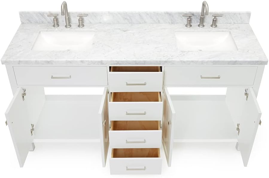 DKB Alenza 72 Inch Bathroom Vanity Double Sink — White Bathroom Vanity with Sink, 1.5' Edge Italian Carrara Marble Countertop & Backsplash, 4 Soft-Close Doors, 4 Dovetail Drawers