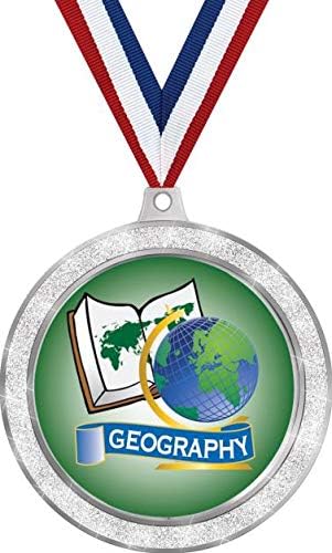 Geography Medal, 2 1/2' Silver Glitter Kids Education Medals, Great Academic Awards Prime