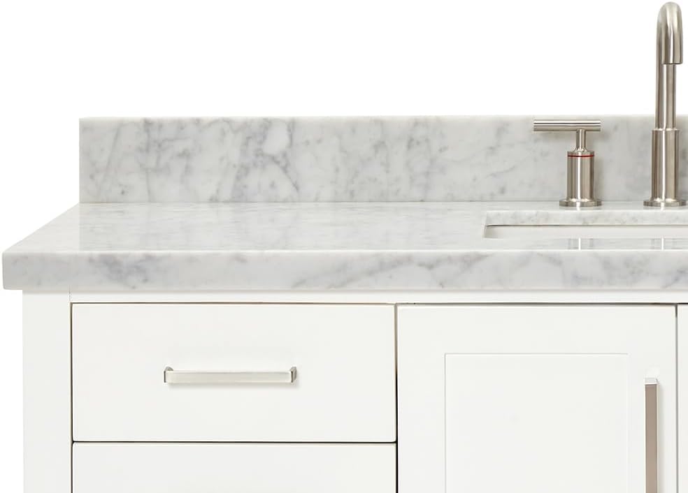 ARIEL Magnolia 54-inch Bathroom Vanity with Sink,Solid Wood, 1.5-inch Italian Carrara Marble Countertop, Single Rectangular Porcelain Sink, Soft Closing Doors, Dovetail Drawers, White
