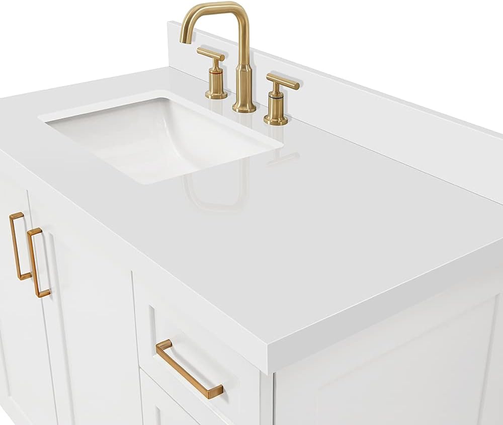 ARIEL Taylor 42-inch Bathroom Vanity with Sink,Solid Wood, 1.5-inch Pure White Quartz Countertop, Single Rectangular Porcelain Sink, Soft Closing Doors, Dovetail Drawers, White
