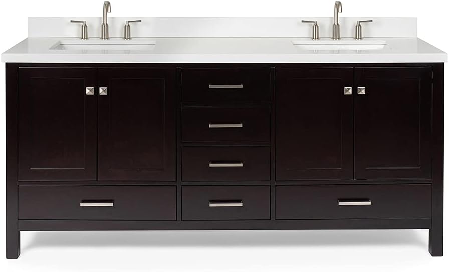 DKB Beckford 72 Inch Bathroom Vanity Double Sink — Espresso Bathroom Vanity with Sink, 1.5' Edge Pure White Quartz Countertop & Backsplash, 4 Soft-Close Doors, 6 Dovetail Drawers
