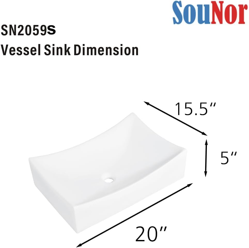 SouNor Rectangle Bathroom Vessel Sink Above Counter Square Bowl Countertop 20'x15' Inches Modern Contemporary Porcelain Big Large Ceramic Wash Lavatory Basin Rectangular Sinks White,20' (Small)