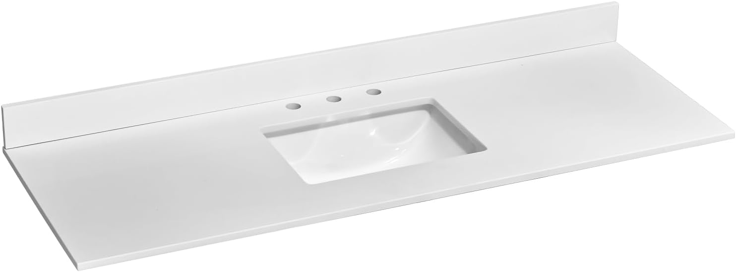 60'x22' Vanity Sink Top, Solid White Quartz Stone Vanity Top Single Bowl Sink 8 Inch Faucet Hole Spacing with Backsplash Countertops for Bathroom