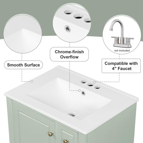 Bellemave Bathroom Vanity with Ceramic Sink & 3 Drawers, 24' Bathroom Cabinet with Storage Shelves & Solid Wood Base, Freestanding Vanity Cabinet with Organizer (Light Green/24)