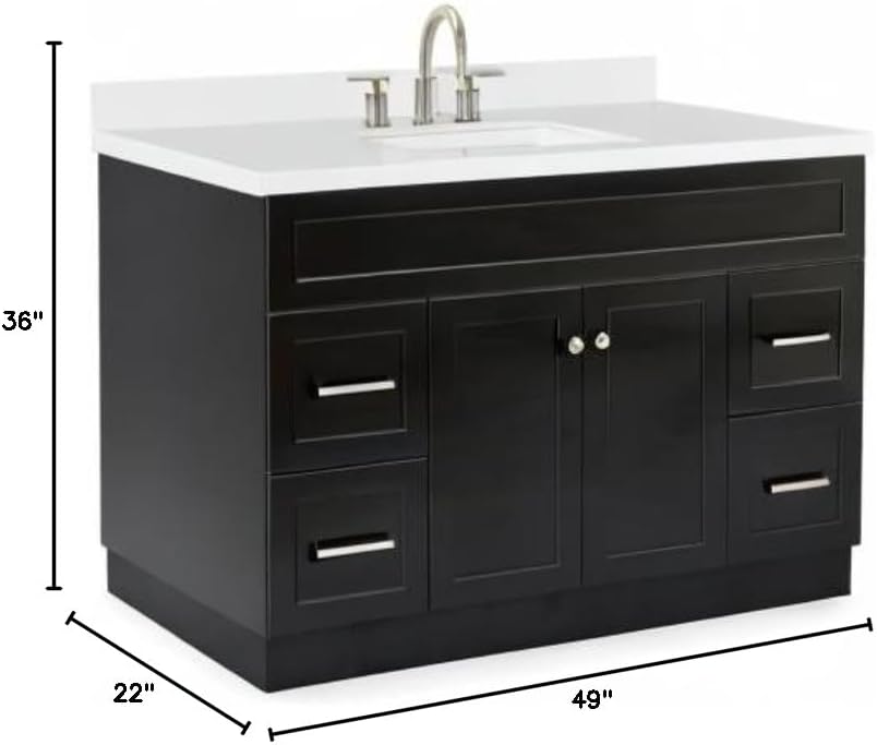 ARIEL Hamlet 48-inch Bathroom Vanity with Sink,Solid Wood, 1.5-inch Pure White Quartz Countertop & Backsplash, Single Rectangular Porcelain Sink, 2 Soft Closing Doors, 4 Dovetail Drawers, Black