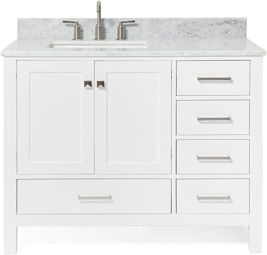 ARIEL Cambridge 43 in. Left Offset Rectangle Single Sink Vanity with Carrara White Marble Countertop in White
