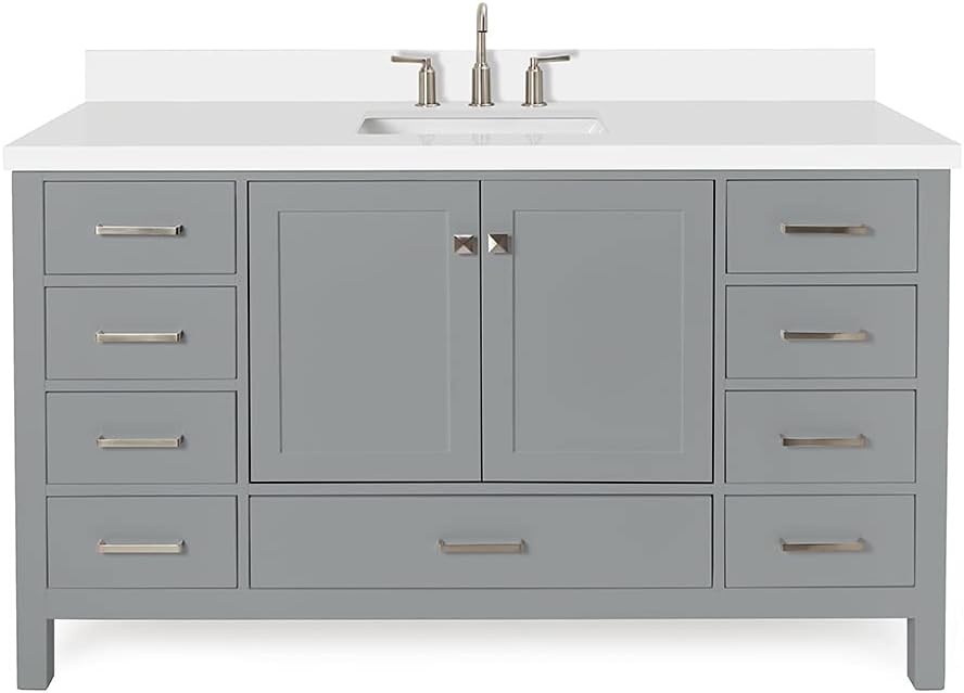 ARIEL Cambridge 60-inch Bathroom Vanity with Sink,Solid Wood, 1.5-inch Pure White Quartz Countertop & Backsplash, Single Rectangular Porcelain Sink, 2 Soft Closing Doors, 9 Dovetail Drawers, Grey