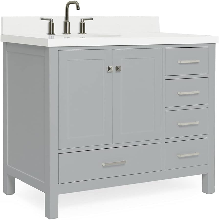 ARIEL Cambridge 42-inch Bathroom Vanity with Sink,Solid Wood, 1.5-inch Pure White Quartz Countertop & Backsplash, Single Oval Porcelain Sink, 2 Soft Closing Doors, 5 Dovetail Drawers, Grey