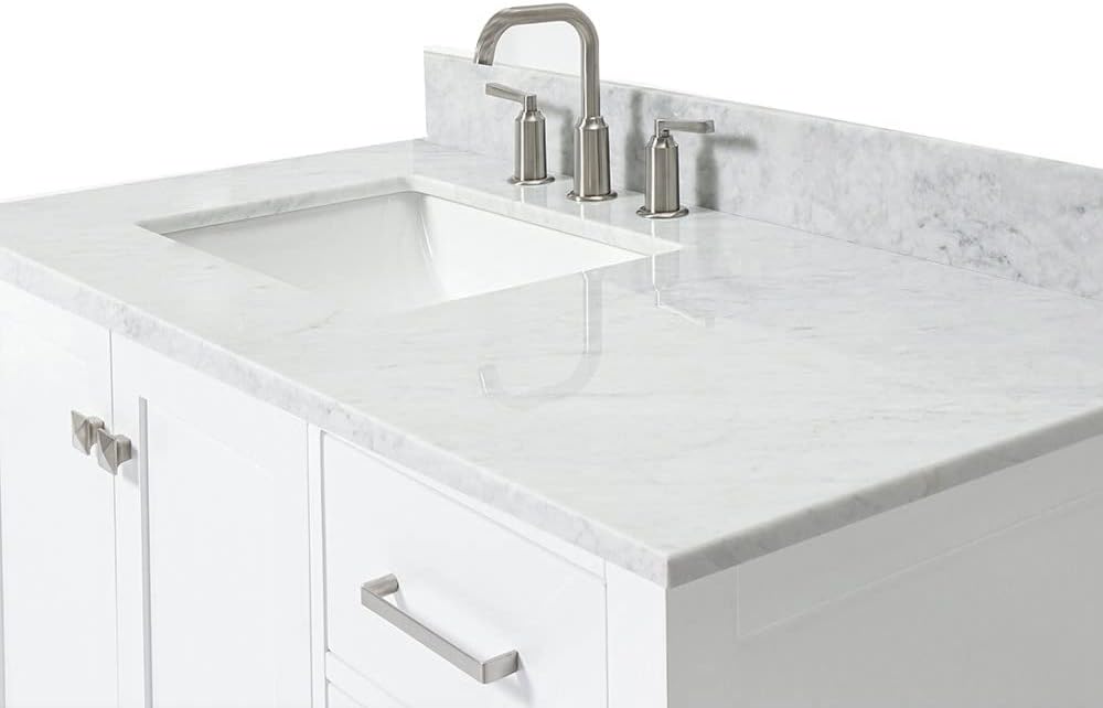 ARIEL Cambridge 43 in. Left Offset Rectangle Single Sink Vanity with Carrara White Marble Countertop in White