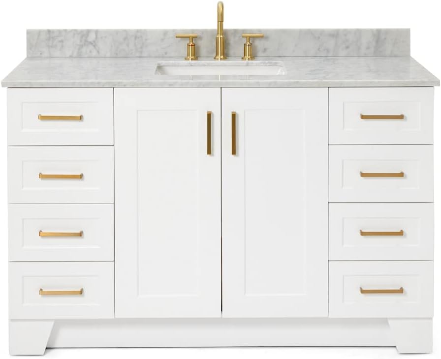ARIEL Taylor 54-inch Bathroom Vanity with Sink,Solid Wood, 0.75-inch Italian Carrara Marble Countertop, Single Rectangular Porcelain Sink, 2 Soft Closing Doors, 9 Dovetail Drawers, White