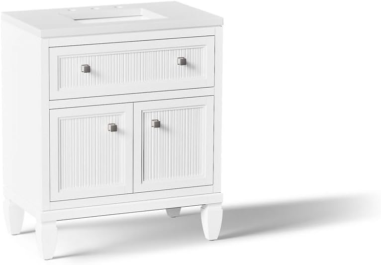 Kohler Hearthaven 30 Inch Bathroom Vanity Cabinet with White Single Sink and Quartz Top, Modern Bathroom Vanity, White, K-33536-ASB-0