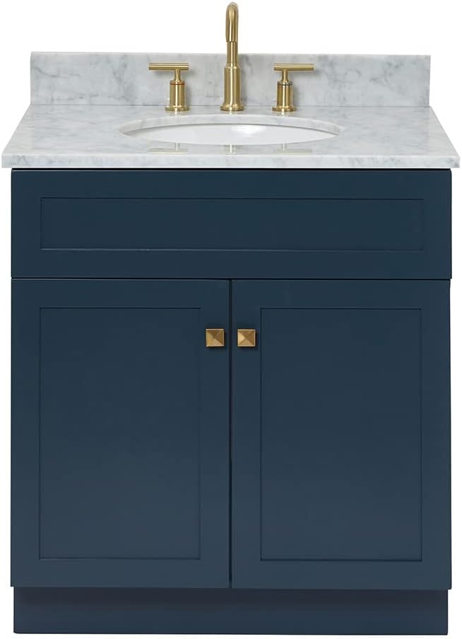ARIEL Hamlet 30-inch Bathroom Vanity with Sink,Solid Wood, 0.75-inch Italian Carrara Marble Countertop & Backsplash, Single Oval Porcelain Sink, 2 Soft Closing Doors, Midnight Blue