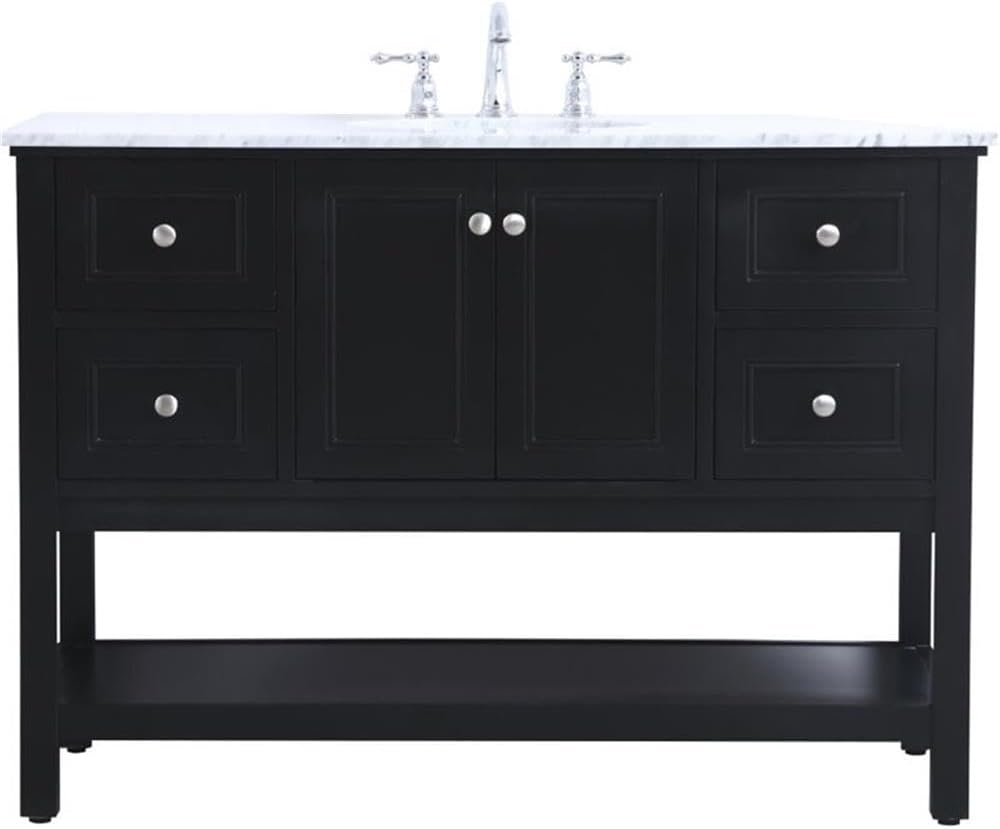 Pemberly Row Contemporary 48' Freestanding Bathroom Vanity, Solid Poplar Wood, Black Finish, Italian White Marble Top with Undermount Porcelain Sink, Soft-Close Drawers, Spacious Storage for Bathroom