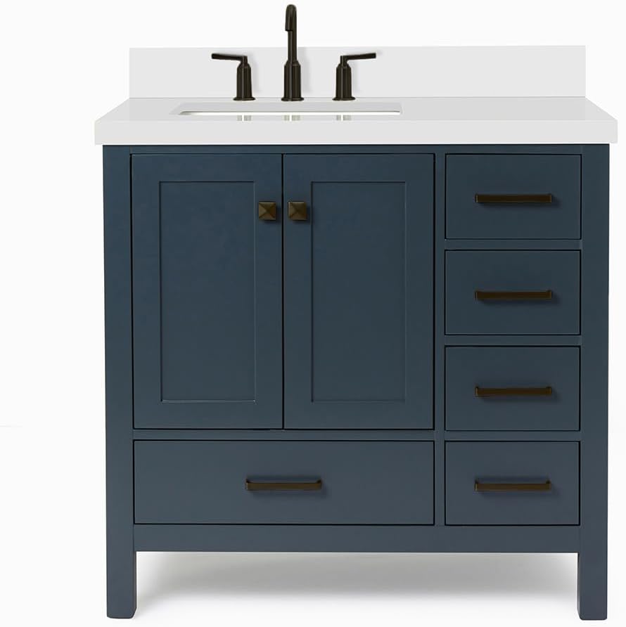 ARIEL Cambridge 36-inch Bathroom Vanity with Sink,Solid Wood, 1.5-inch Pure White Quartz Countertop, Single Rectangular Porcelain Sink, 2 Soft Closing Doors, 5 Dovetail Drawers, Midnight Blue
