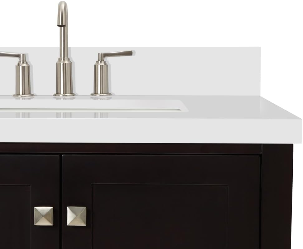 DKB Beckford 42-Inch Espresso Single Bathroom Vanity with Sink, 1.5-Inch White Quartz Countertop & Backsplash, Right Rectangular Undermount Sink, 2 Soft Closing Doors, 5 Dovetail Drawers, Solid Wood
