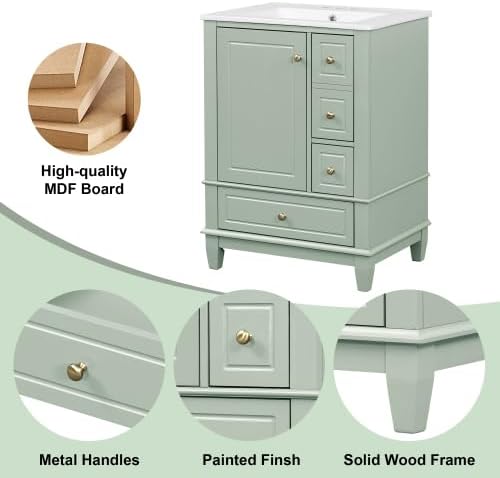 Bellemave Bathroom Vanity with Ceramic Sink & 3 Drawers, 24' Bathroom Cabinet with Storage Shelves & Solid Wood Base, Freestanding Vanity Cabinet with Organizer (Light Green/24)