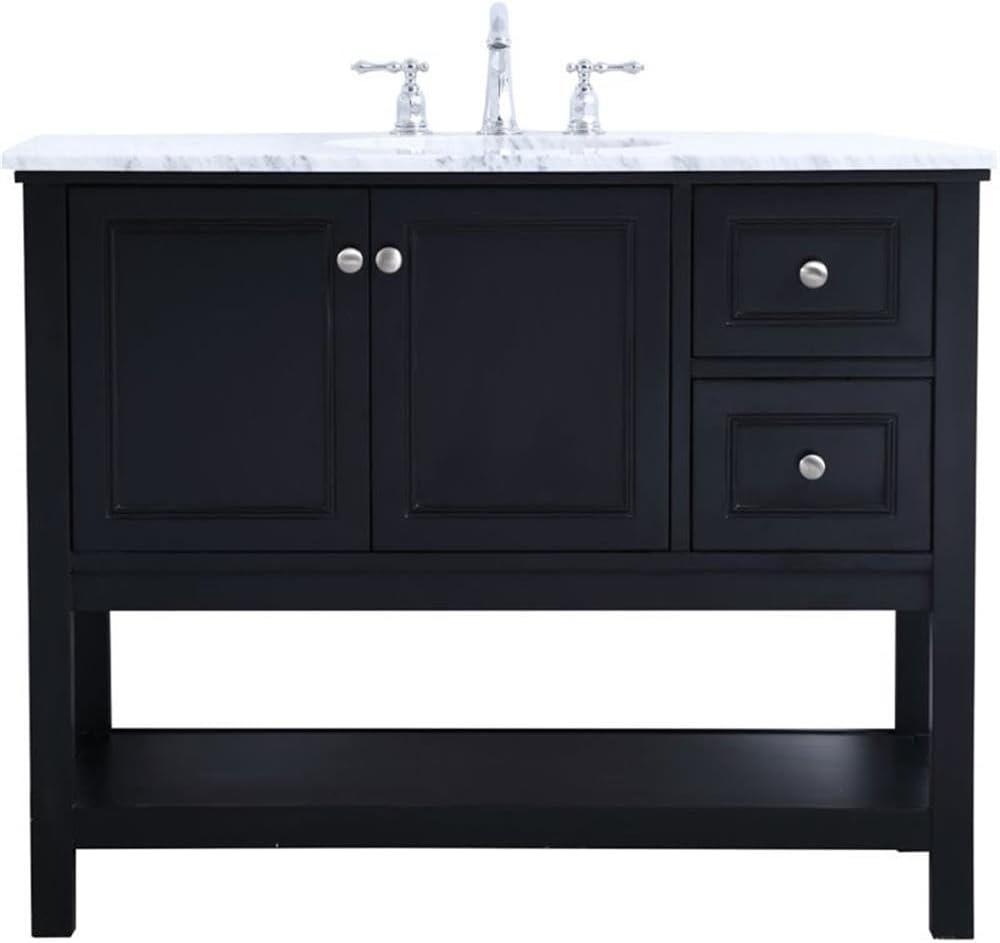 Pemberly Row Contemporary 42' Single Bathroom Vanity, Black Finish, Solid Poplar Wood Base, Carrara White Marble Top, Porcelain Undermount Sink, Soft-Close Drawers, Freestanding Design for Bathroom