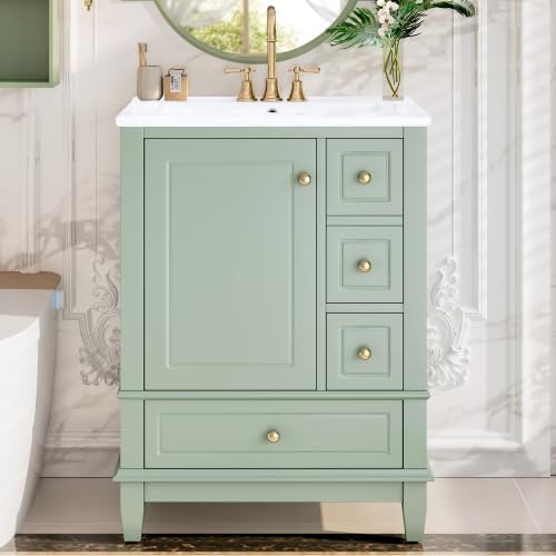 Bellemave Bathroom Vanity with Ceramic Sink & 3 Drawers, 24' Bathroom Cabinet with Storage Shelves & Solid Wood Base, Freestanding Vanity Cabinet with Organizer (Light Green/24)