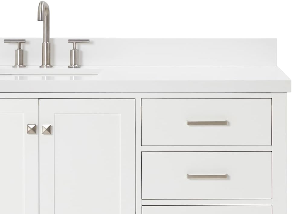 ARIEL Cambridge 66-inch Bathroom Vanity with Sink,Solid Wood, 1.5-inch Pure White Quartz Countertop & Backsplash, Single Rectangular Porcelain Sink, 2 Soft Closing Doors, 9 Dovetail Drawers, White