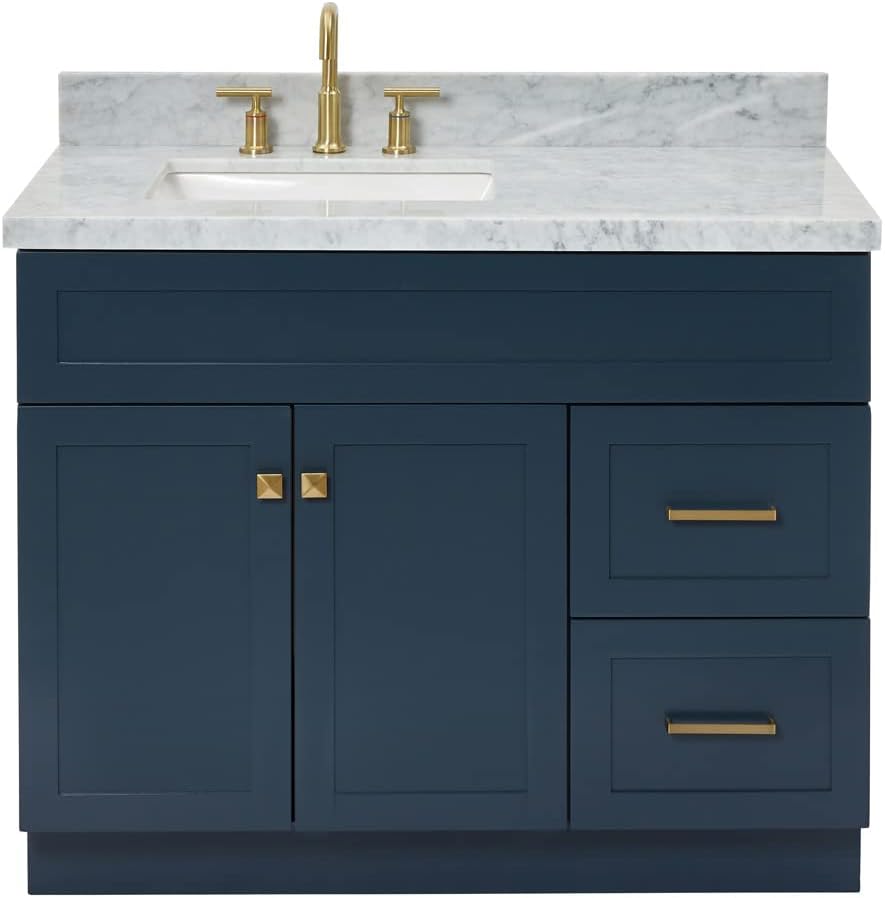 DKB Bradford 42' Midnight Blue Single Bathroom Vanity with Sink, 1.5' Italian Carrara Marble Countertop, Solid Wood, Rectangular Undermount Sink, Soft Closing Doors & Dovetail Drawers, Brushed Nickel
